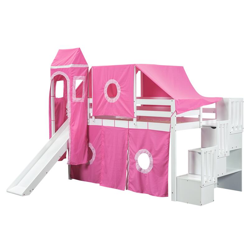 Twin Castle Style Loft Bed with Tent and Tower, Kids Playhouse Solid