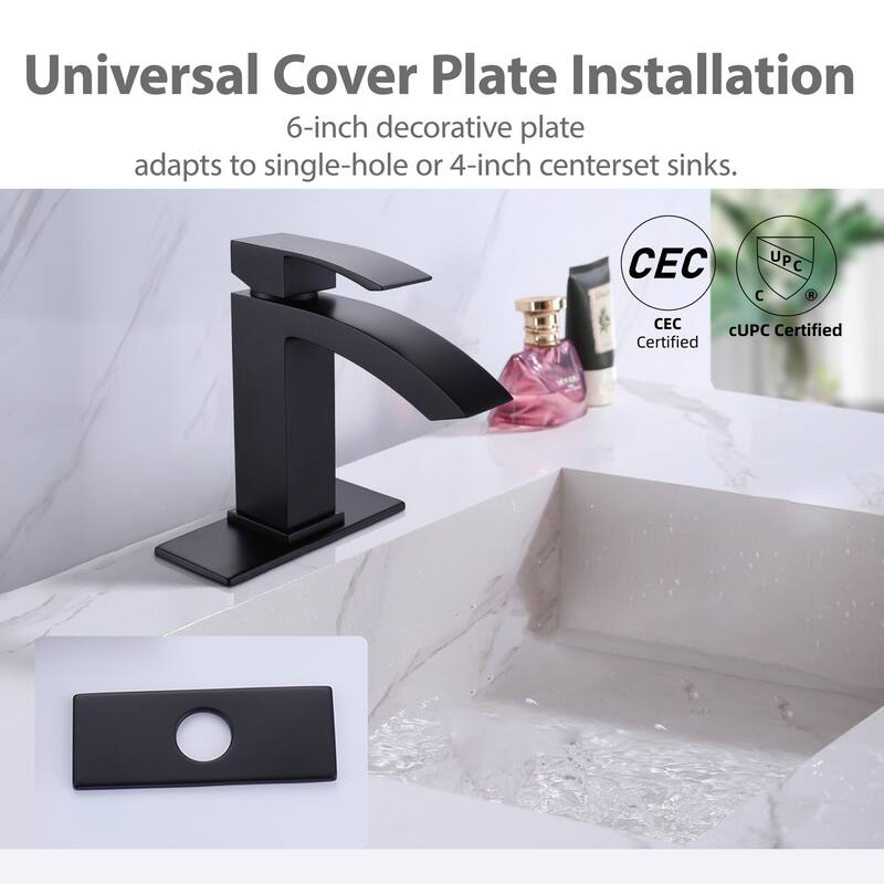 Modland Waterfall Bathroom Faucet Single Hole, CEC/CUPC Certified, with Cover Plate (Brushed Gold/Matte Black)