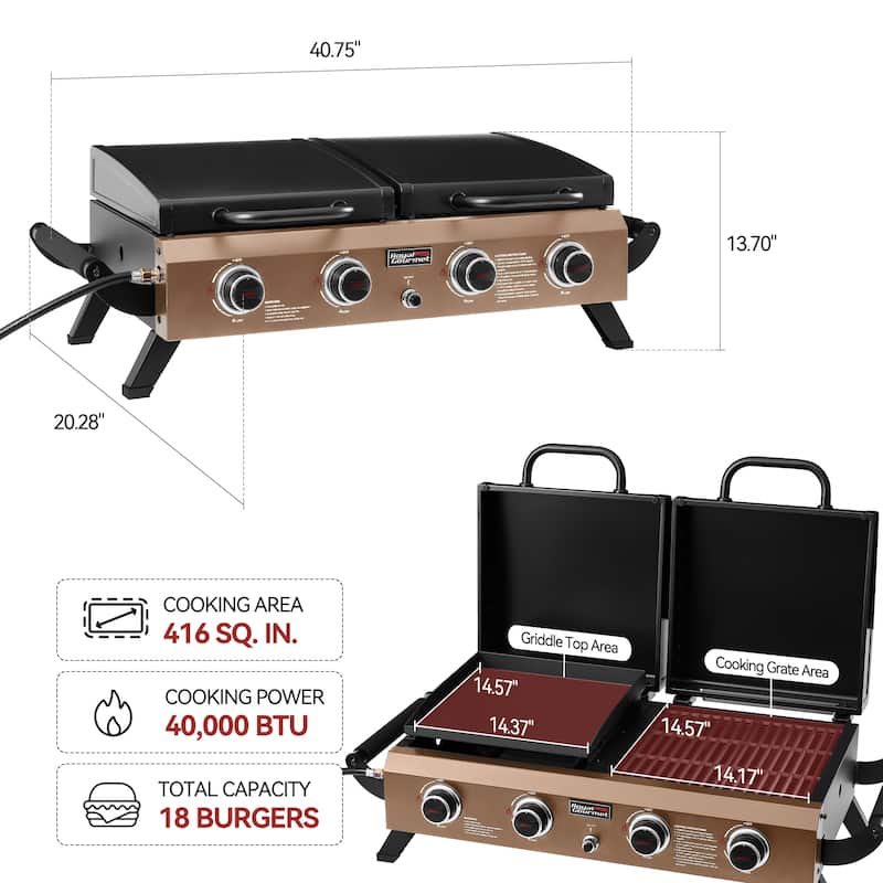Royal Gourmet GD4002TPY 4-Burner Portable Tabletop Grill & Griddle Combo with Hood, 40,000 BTU, Bronze Gold - Golden