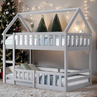 Twin over Twin House Shape Bunk Bed with Sky Roof, Pine Wood Kids Loft Bed Frame with Fence and Door for Kids Room, Grey