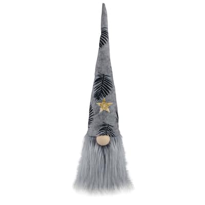 16 Gray and Black Lighted Star Gnome with Palm Leaves Christmas Decoration - 16"