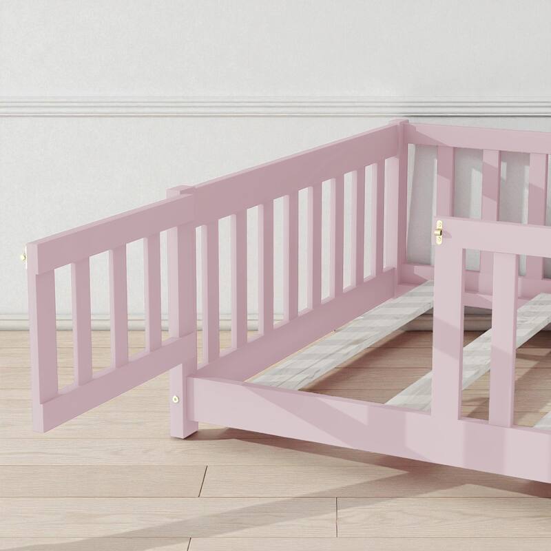 Twin Size Rubber Wood Floor Bed with Fence and Door, Montessori Platform Bed with Safety Guardrails for Kids