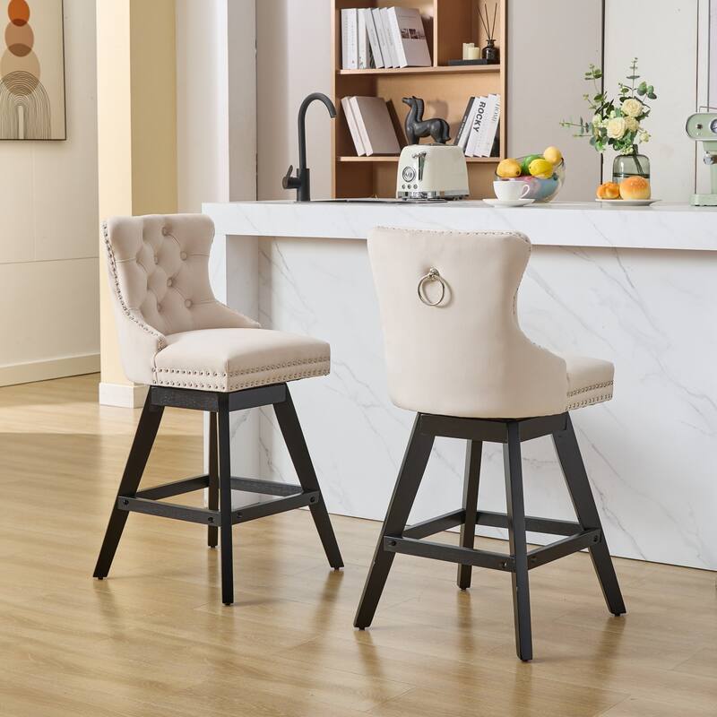 Swivel Bar Stools Set of 2, Velvet Counter Height Barstools with Wooden Legs, Kitchen Island Chairs with Button Backrest