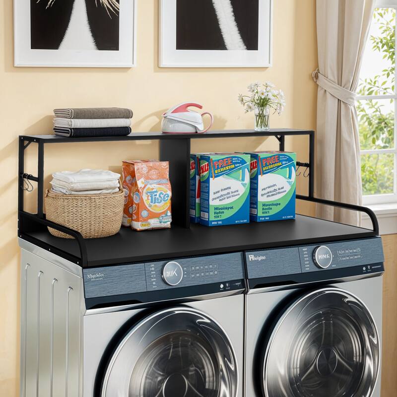 Moasis Laundry Countertop with Double-Layer Storage Shelf and 5 Built-In Hooks - Black