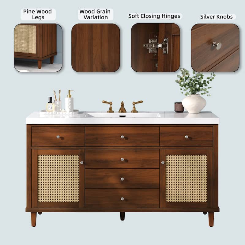 Christopher Knight Home - Emery 60" Bathroom Vanity with SMC Sink, Natural Finish for Modern Large Storage Cabinet