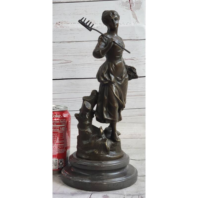 Peasant Farmer Girl W/ Rake Harvest Bronze Statue Sculpture Figure Desmure 12 Inches X 6 Inches