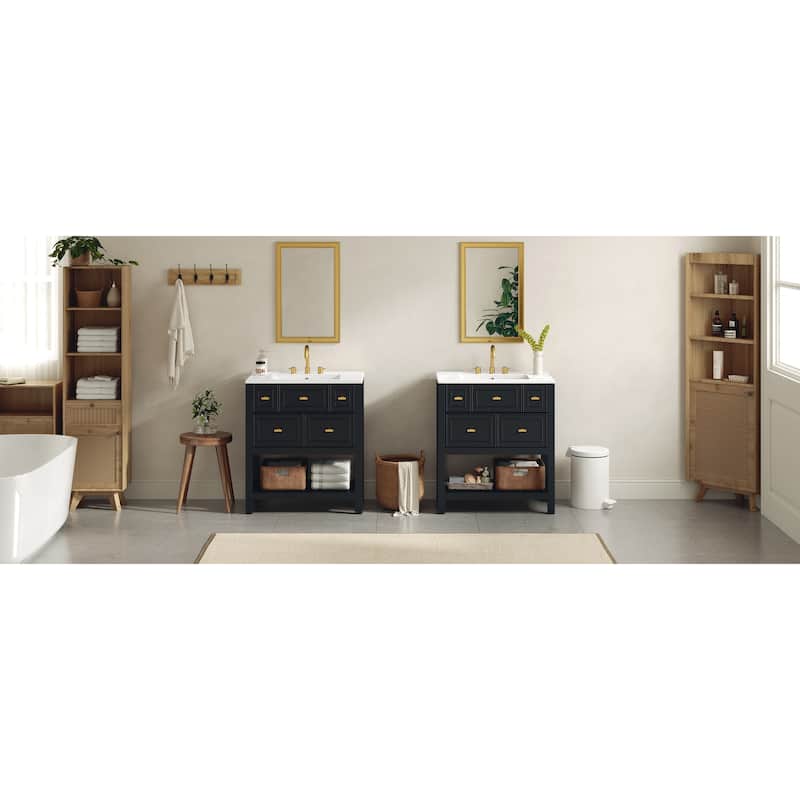 60'' Bathroom Vanity With Ceramic Sink Combo, Free Standing Single Vanity Set With 5 Drawers,Solid Wood FrameStorage Cabinet