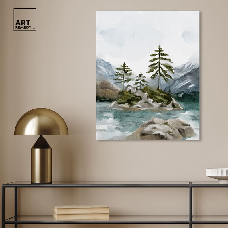 Art Remedy Cold Winter Lake Gallery Wrapped Landscape 1 Piece Canvas Wall Art Watercolor Style