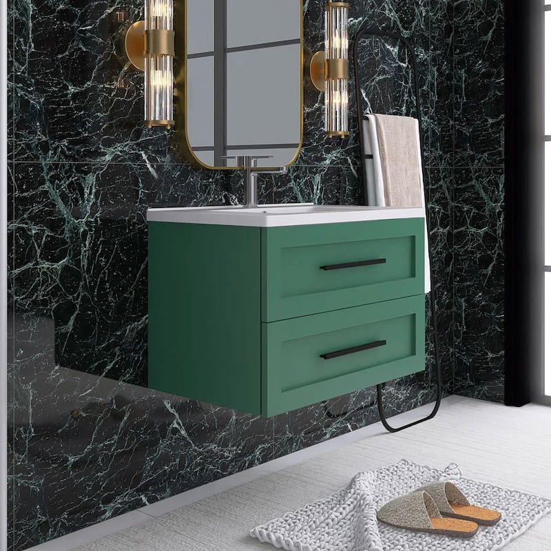 Wall-Mounted Bathroom Vanity in Green with White Ceramic Sink