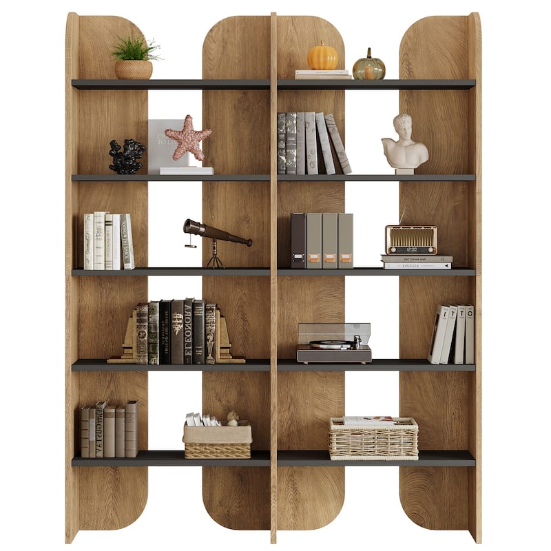 70.87" 5-Tier Double Wide Bookshelf, Open Shelves Tall Floor Standing Bookcase Storage Accent Shelf