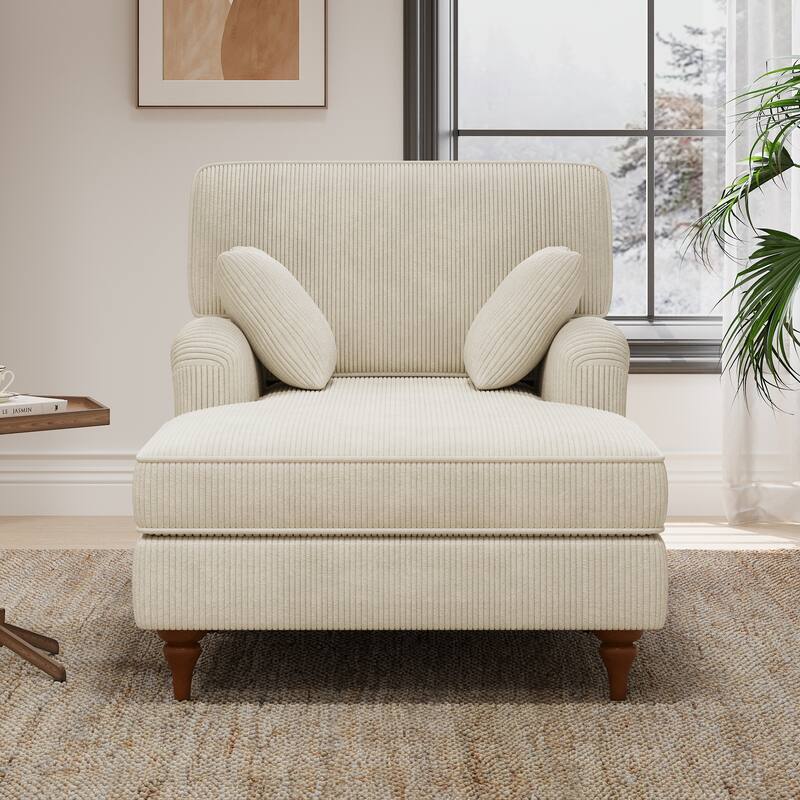 Beige Chaise Lounge Chair with 2 Pillows, Corduroy Fabric Sleeper Sofa Chair, 40.5'' Oversized Single Chair Bed, Rolled Armchair