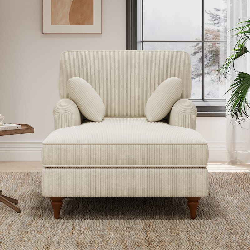 Roomfitters 40.5'' Chaise Lounge Chair, Oversized Indoor Sofa with Pillows and Rolled Arms, Corduroy Upholstery, Beige