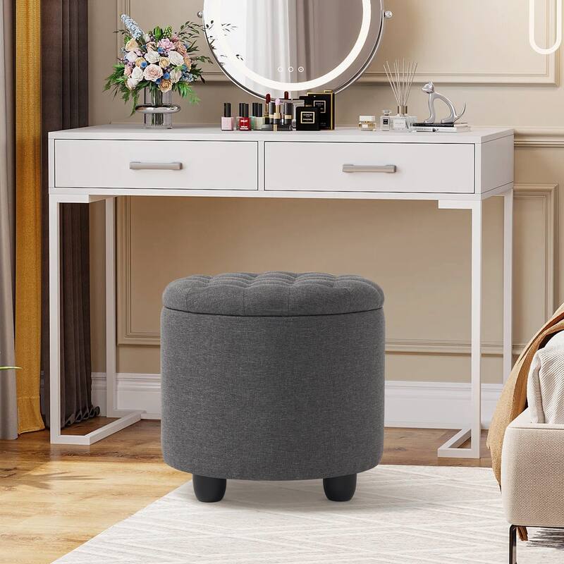 Modern Button Tufted Accent Storage Ottoman, Small Upholstered Circle Pouf Footstool with Removable Lid Storage Ottoman