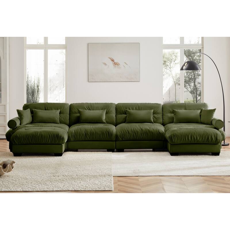 Modern Sectional Couch Comfortable Upholstered Sofa Set with Lumbar Pillow and Throw Pillow for Living Room - 4 Seats + 2 Ottoman - Olive Green