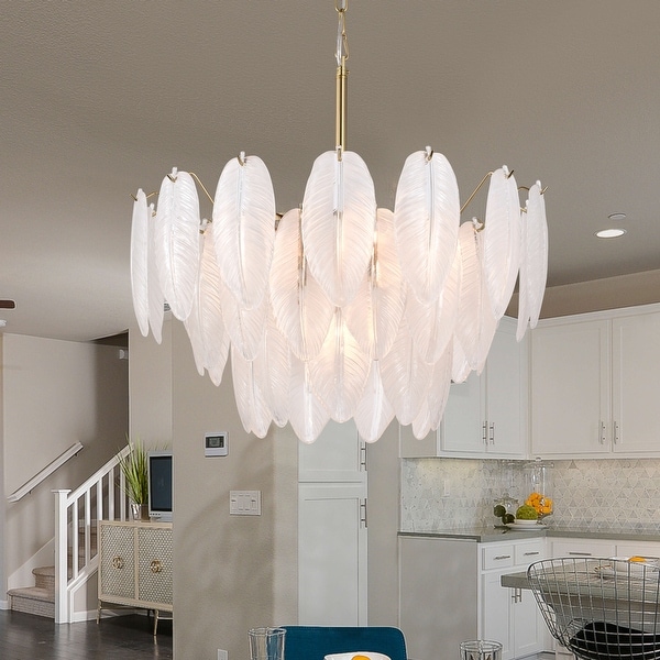 The Lighting Store Paula Brushed Shiny Brass 7 Light Glass Feather Shaped Chandelier