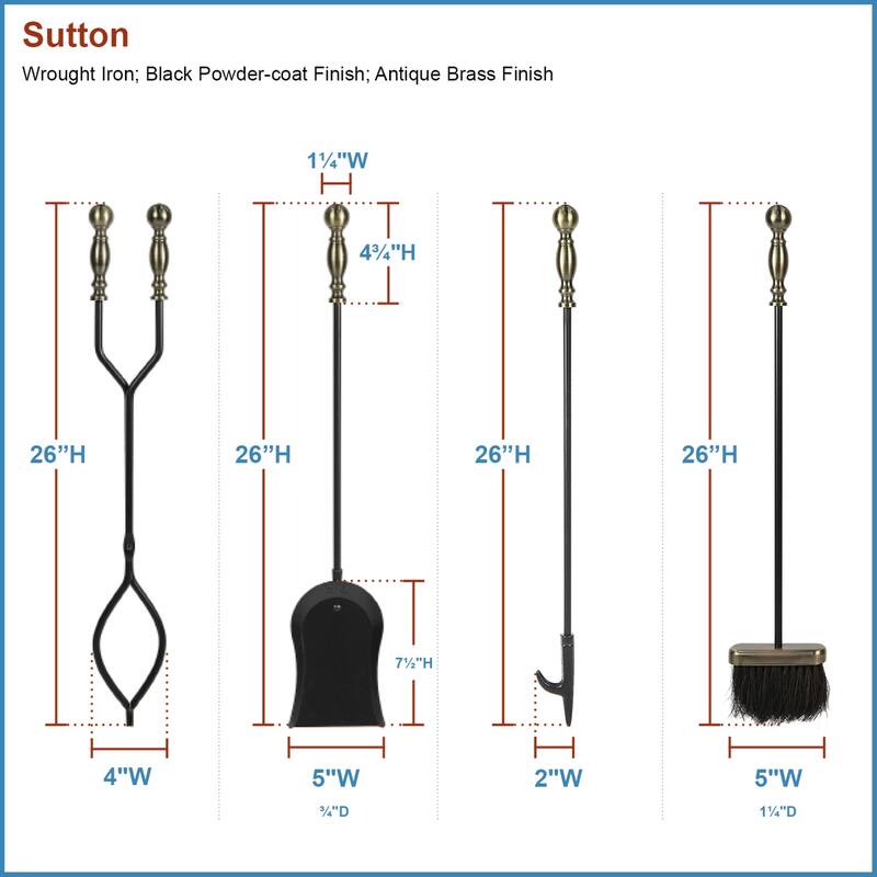 Achla Designs Sutton Set of 4 Fireplace Tools, 30 Inch Tall