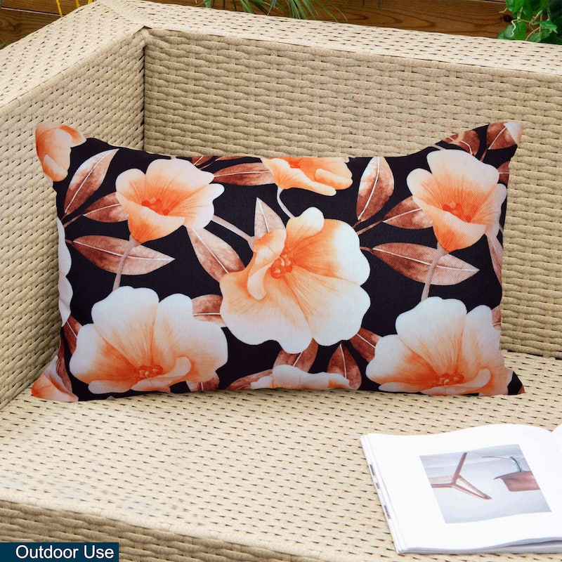 Decorative Indoor/Outdoor Weatherproof Throw Pillows with Inserts for Your Patio Furniture, Chairs, Indoor Décor - 12x20 Inches - Black Flower