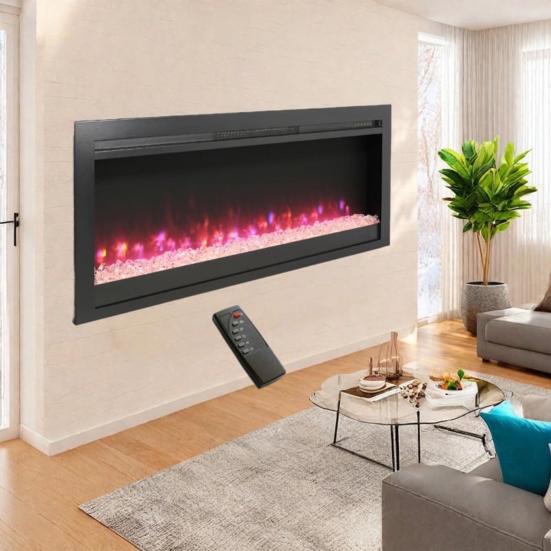 44 in. Wall Mount Recess Tempered Glass Electric Fireplace with remote multi color,LED light heater in Black