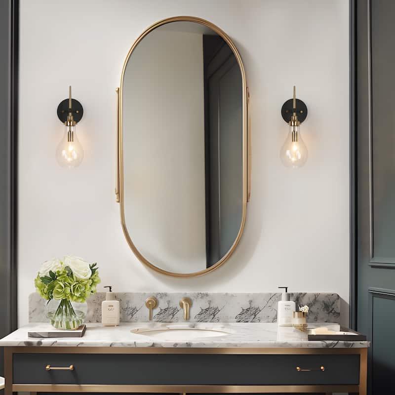 Synia Modern Black Brass Wall Sconces Glass Bathroom Vanity Lights for Hallway - L 5" x W 7" x H 15"