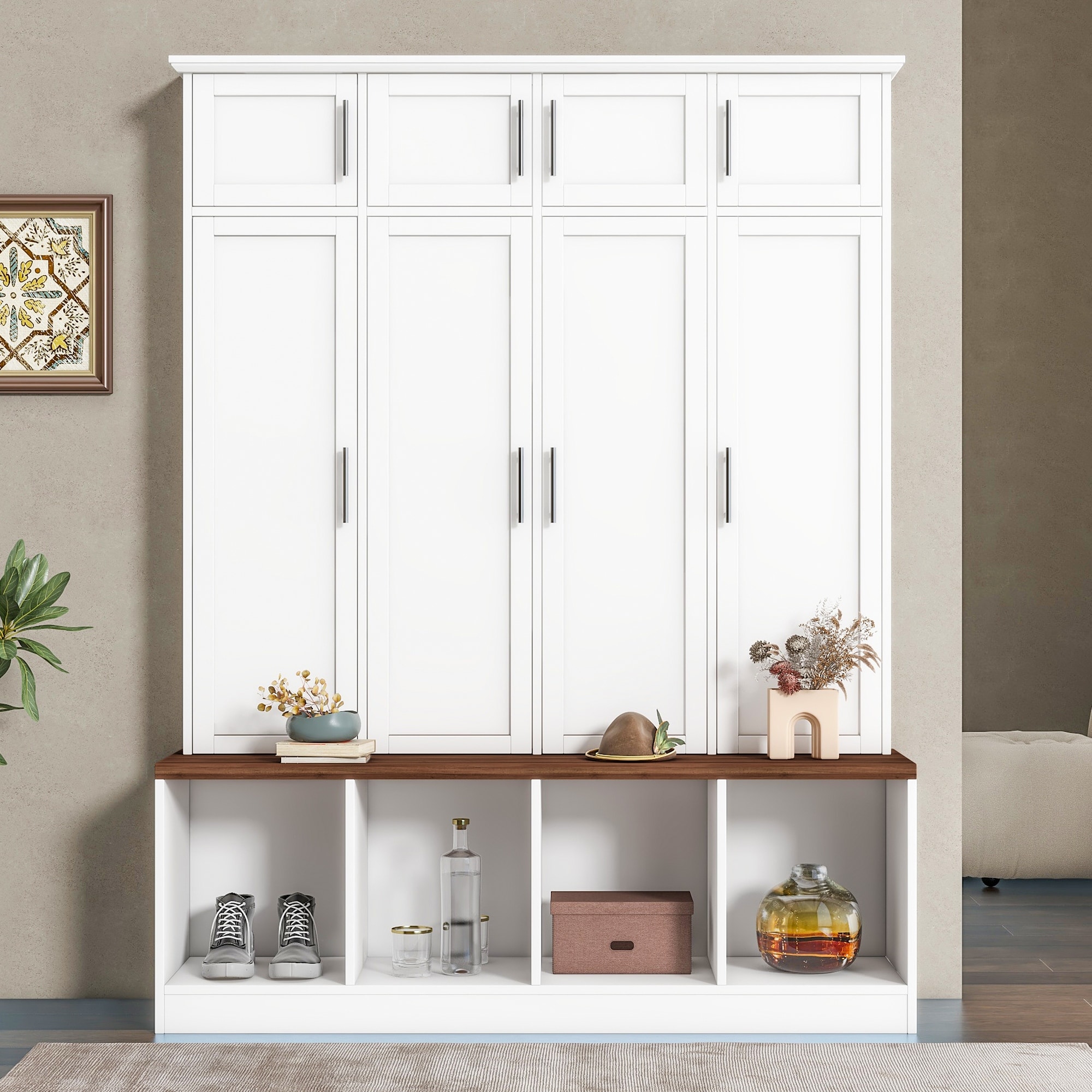 Entryway Cabinet with Storage Bench,Versatile Hall Tree,White