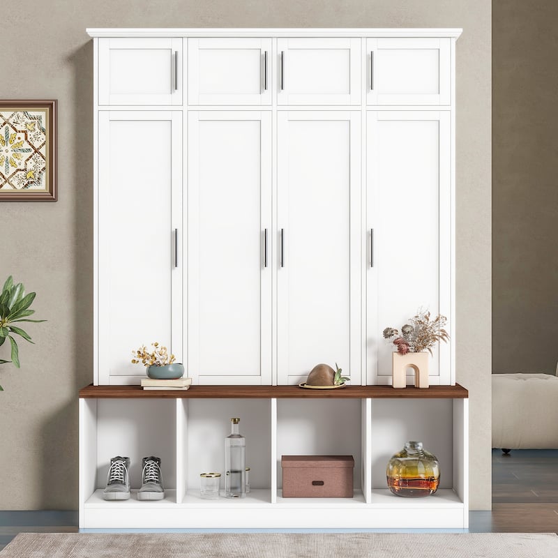 Hall Tree Storage Cabinet with 4 Hidden Hooks, Bench, and Open Compartments