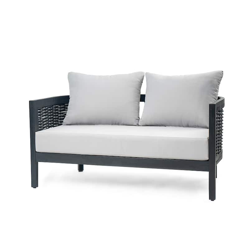 Burchett Outdoor Acacia Wood and Wicker 4 Seater Chat Set with Cushions by Christopher Knight Home