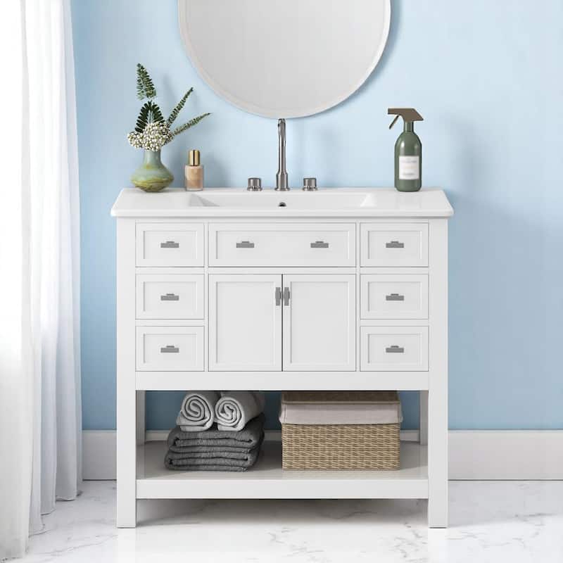 36 Inch Freestanding Bathroom Vanity with Ceramic Sink, 6 Soft Close Drawers, Modern Single Sink Cabinet - White