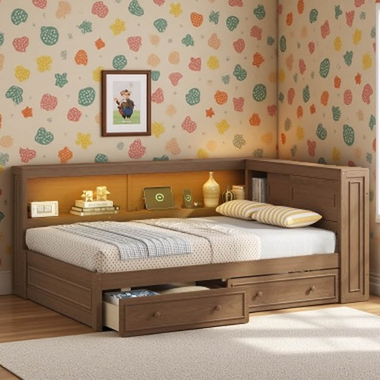 Full Size Wood Daybed with 2 Drawers, Storage Shelves, LED Lighting & USB Charging, Solid Pine and MDF Frame