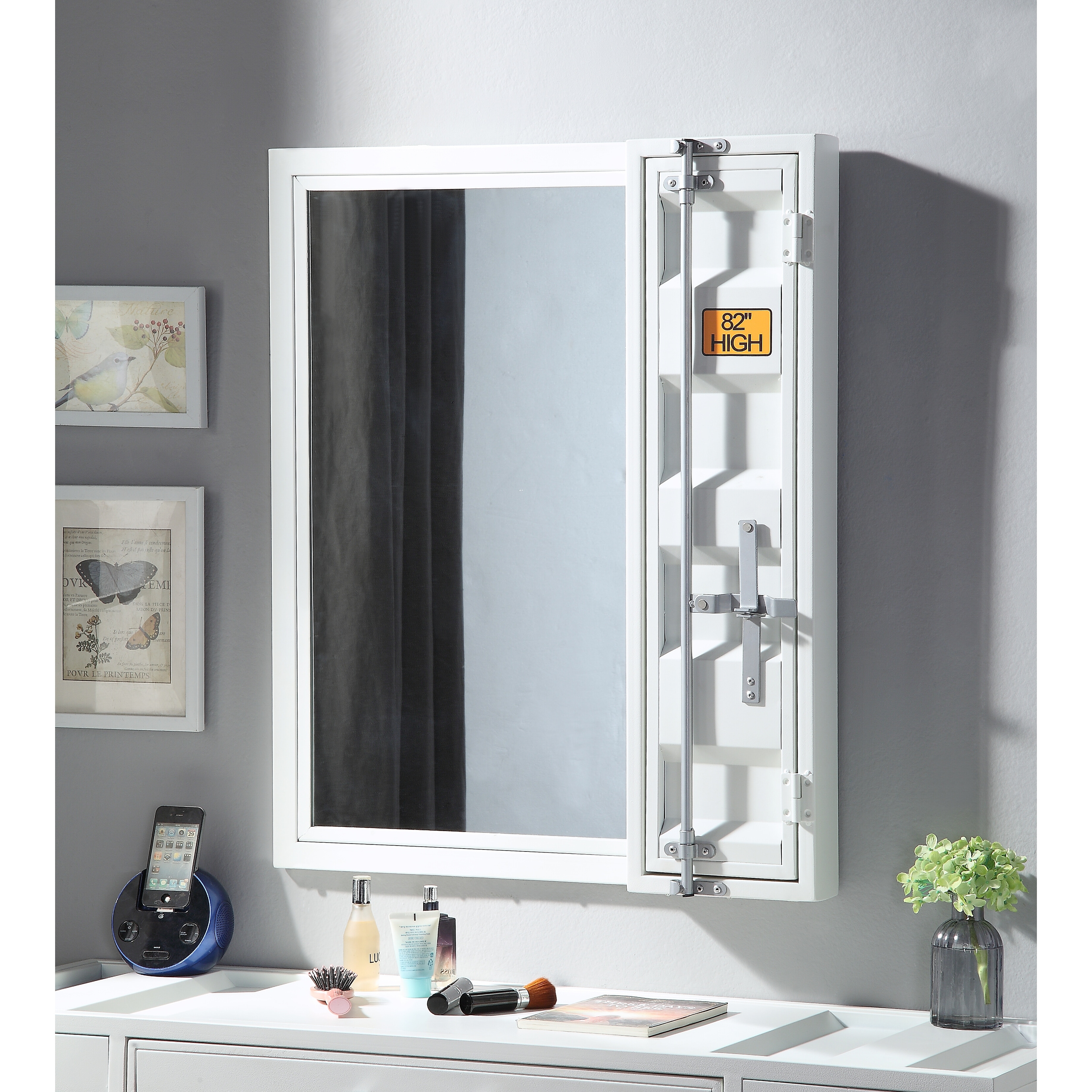 26x32 Inch Industrial Vanity Mirror with Locking Storage, 5mm Thick Cargo Style Frame