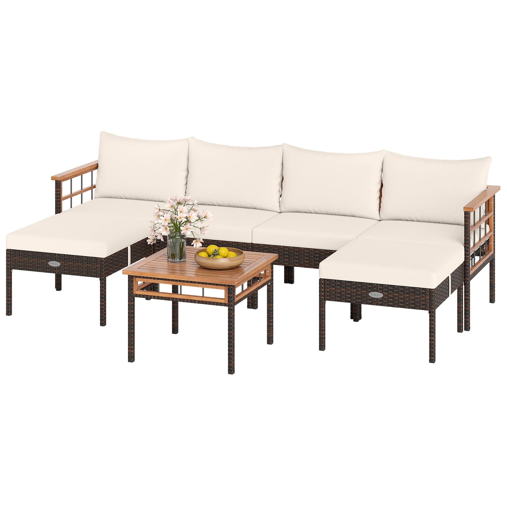 Gymax Set of 7 Wicker Furniture Set w/Ottomans Side Table Acacia Wood
