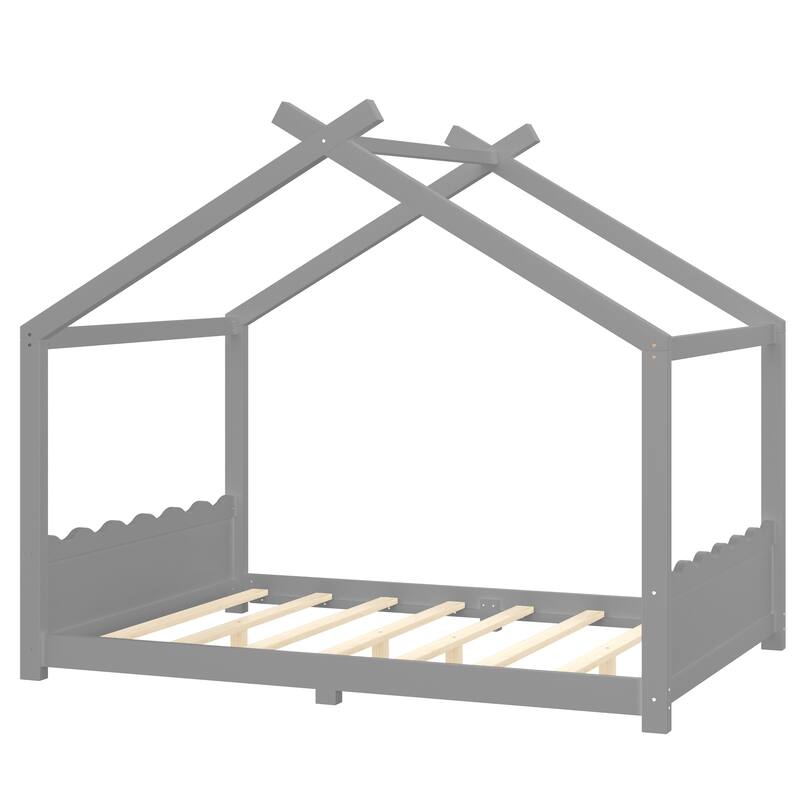 Full House Floor Bed with Support Slats, Solid Wood House Bed Frame for Kids, No Box Spring Needed