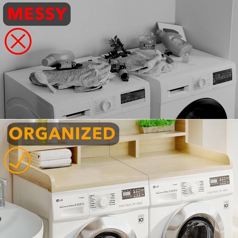 2-Tier Washer Dryer Countertop, 54" W x 27.5" D Laundry Countertop for Folding Clothes, Dual Storage & Edge Guard