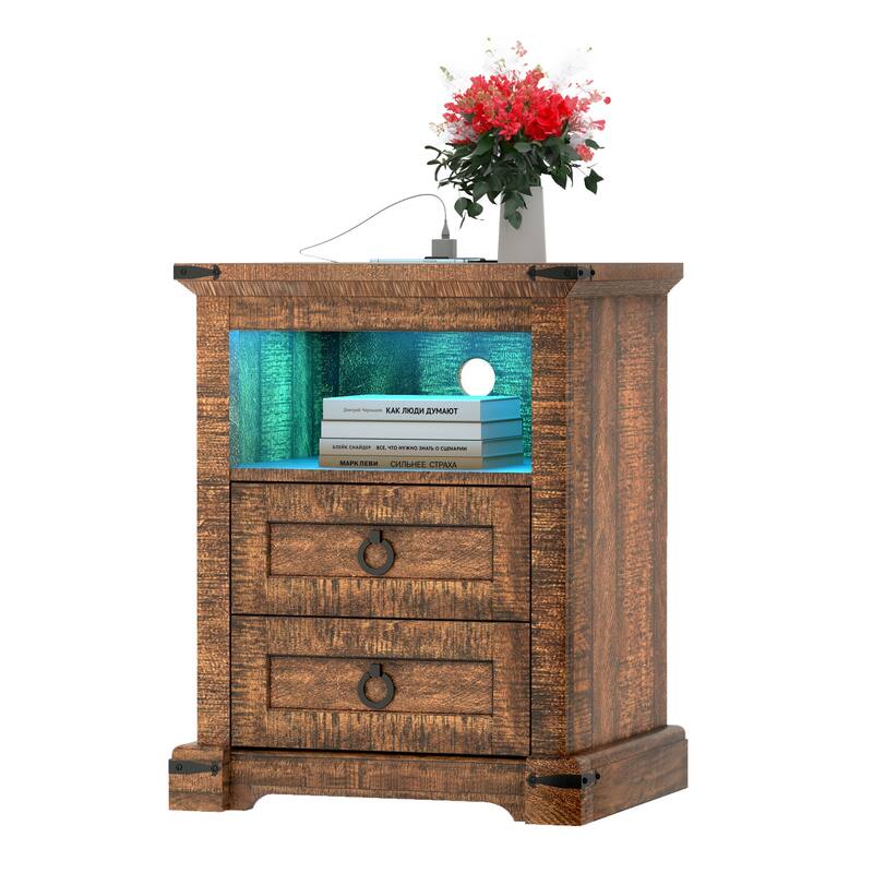Moasis Rustic Farmhouse End Side Table with Drawers and Power Outlets for Living Room - Rustic Brown