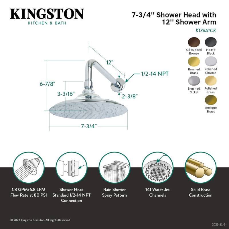 Kingston Brass Victorian 8-Inch Brass Shower Head with 12-Inch Shower Arm