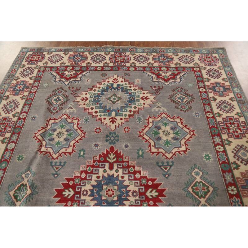 Gray Geometric Kazak Oriental Area Rug Hand-Knotted Wool Carpet - 6'10"x 9'11"