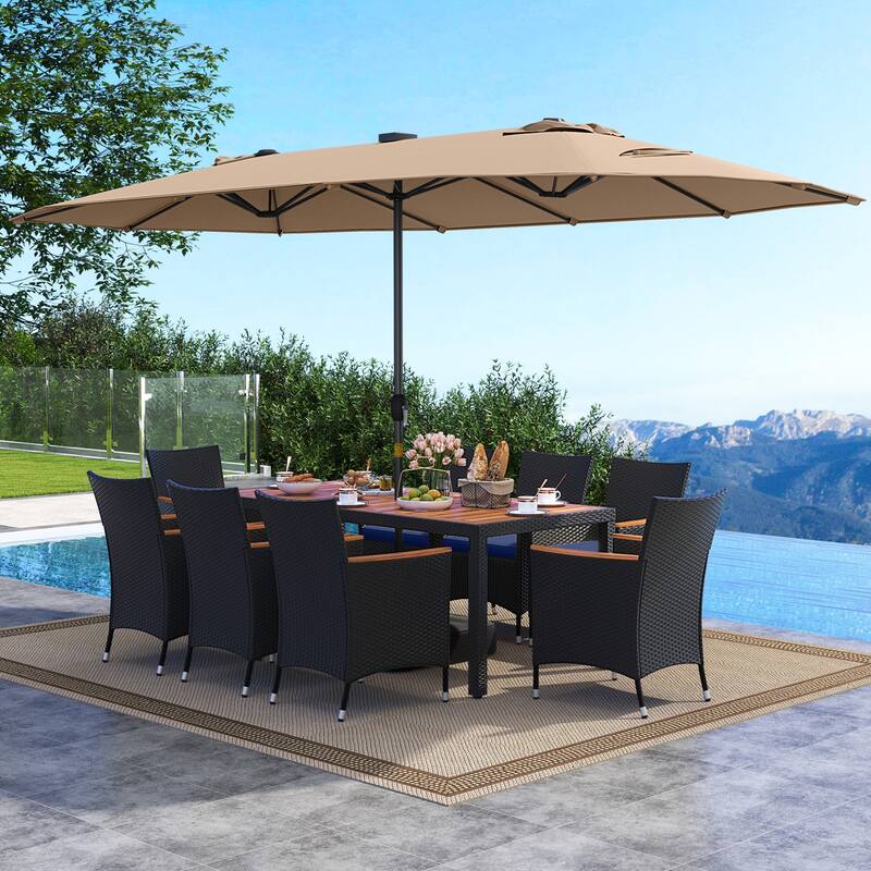 Gymax 11 PCS Patio Dining Set w/ 15ft Double-Sided Patio Umbrella