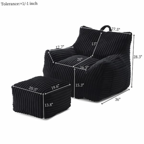 dimension image slide 3 of 5, Plush Cloud-Like Bean Bag Chair & Ottoman Set - Soft Microsuede Lounger for Living Room/Playroom