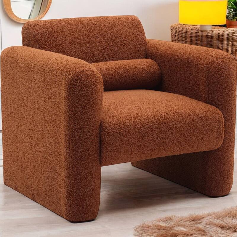Homy Lin Plush Teddy Accent Chair: Modern Cozy Lounge Seat for Living Room & Bedroom, Upholstered Boucle Armchair with Pillow