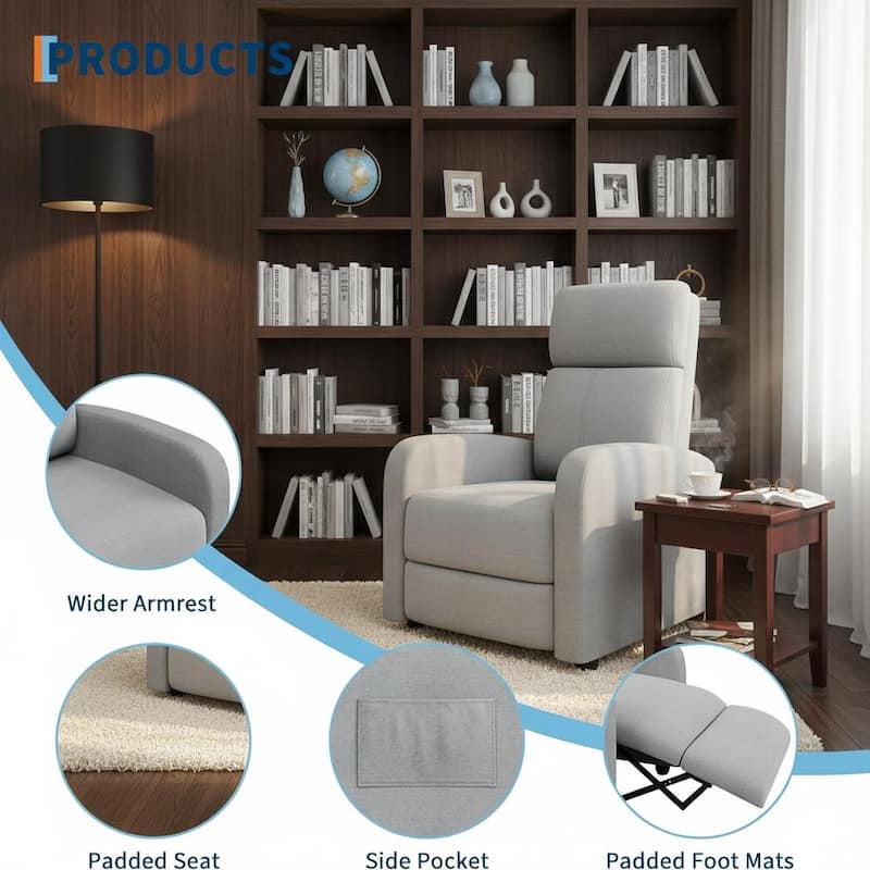 Recliner Chair for Adults, High Backrest, Thick Cushion, with Side Pocket