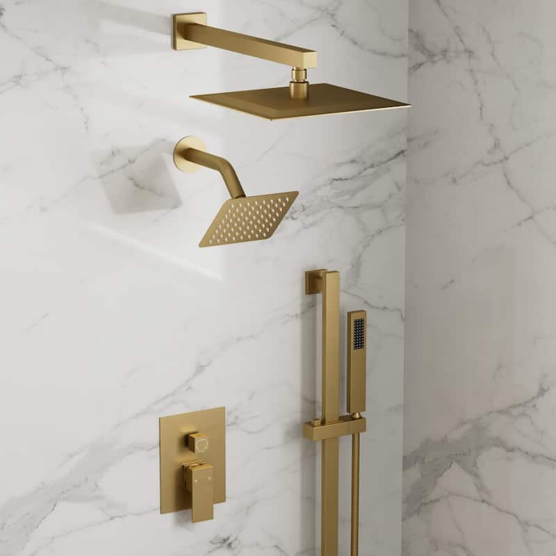 GRANDJOY Shower Faucet Set 10 and 6 inch Wall Mount Rainfall Dual Shower Heads with Handheld Shower Spray Combo High Pressure - Brushed Gold