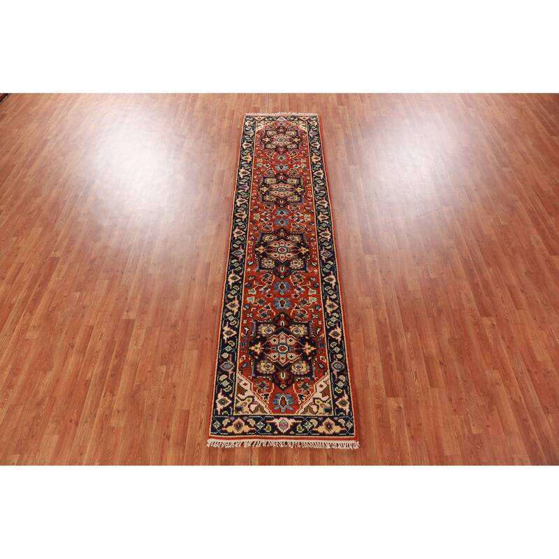 Hand Knotted Oriental 100% Wool Carpet Traditional Geometric Oranges & Rust Heriz (serapi) Runner Rug - 9' 9'' X 2' 6''