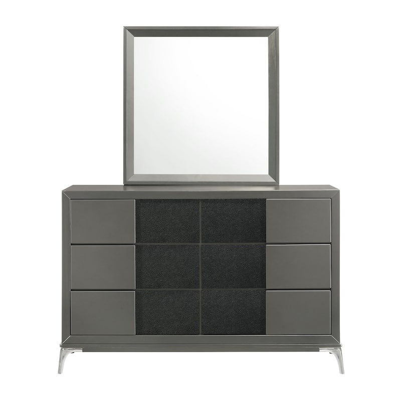 Rya 56 Inch Modern Wide Dresser with 6 Drawers, Gray Wood, Chrome