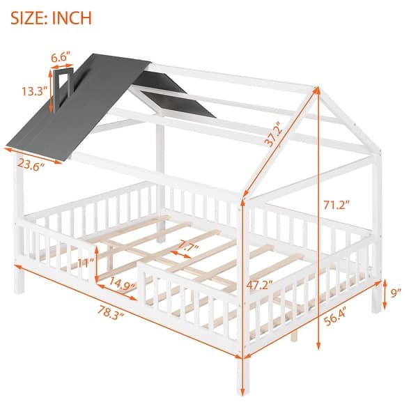 dimension image slide 1 of 3, Full Size Wood House Bed with Fence, Playhouse Design for Kids, Sturdy Pine Construction, Customizable Decor