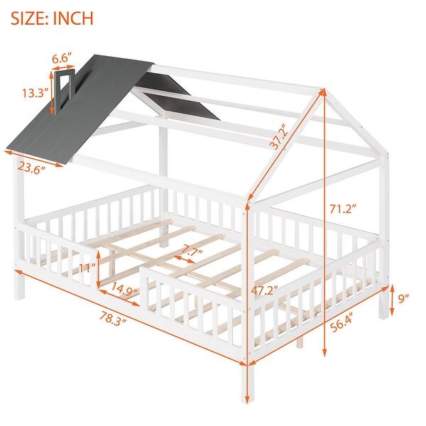 White+Gray Full Pine House Platform Bed with Roof and Fence