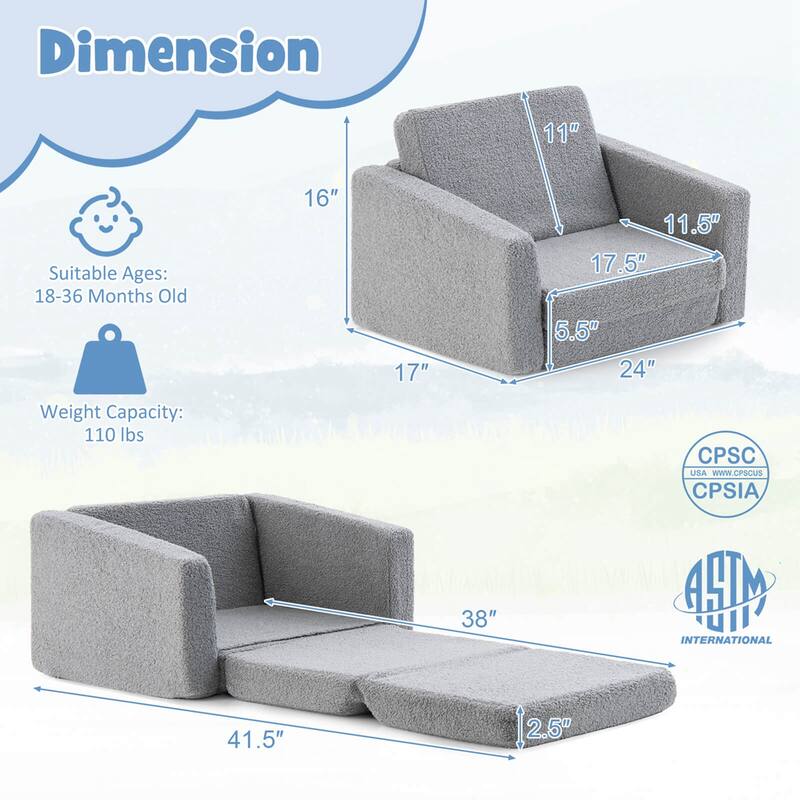 2-in-1 Toddler Fold out Couch Children's Convertible Sofa to Lounger