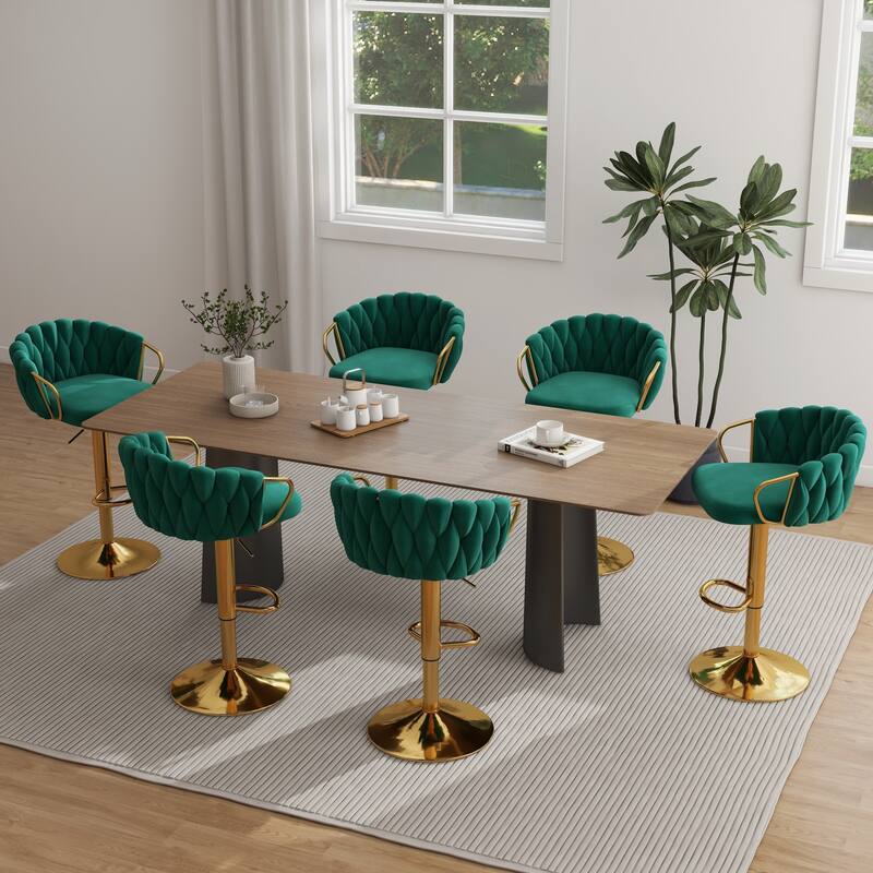 Set of 4 Bar Stool Adjustable Height Swivel Velvet Woven