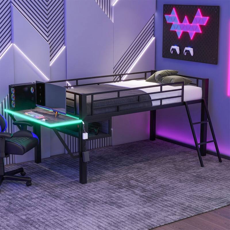 Twin/Full Size Gaming Mid Loft Bed with Gaming Desk and LED Lights, Low Metal Loft Bedframe with Ladder for Kids Teens