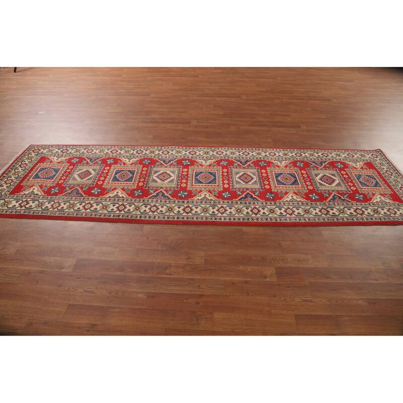 Geometric Kazak Runner Rug Hand-Knotted Red Wool Carpet - 2'9" x 9'4"