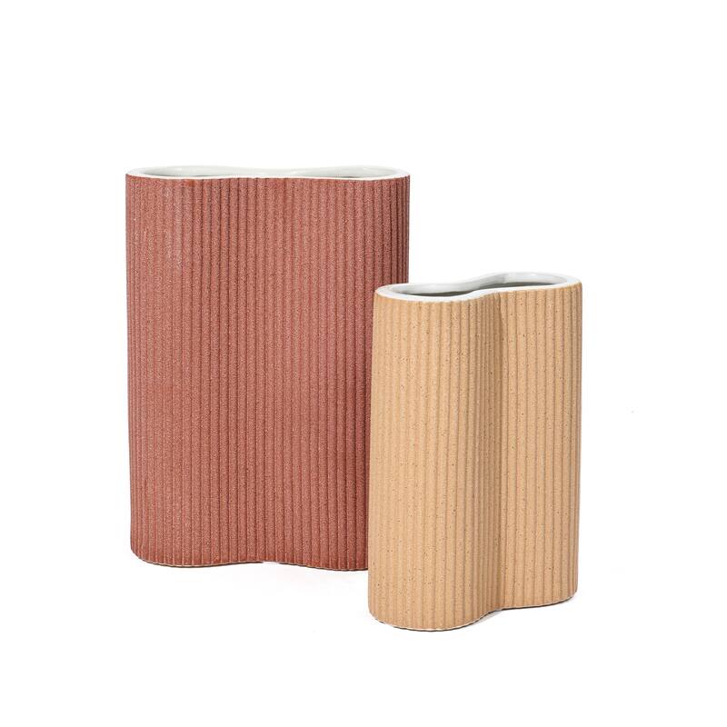 2-Piece Brown Ceramic Fluted Vase Set