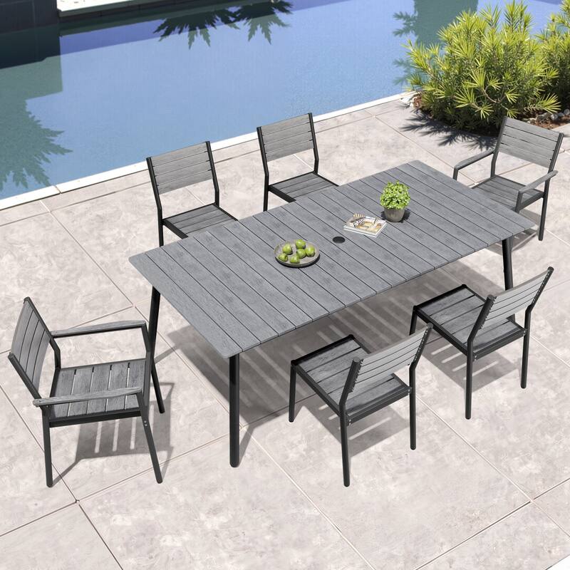 Outdoor Patio Dining Set 7/9 Piece Furniture Set Aluminum Dining Table with Umbrella and Stackable Chairs - Grey - Set of 7 - 82.48 inches